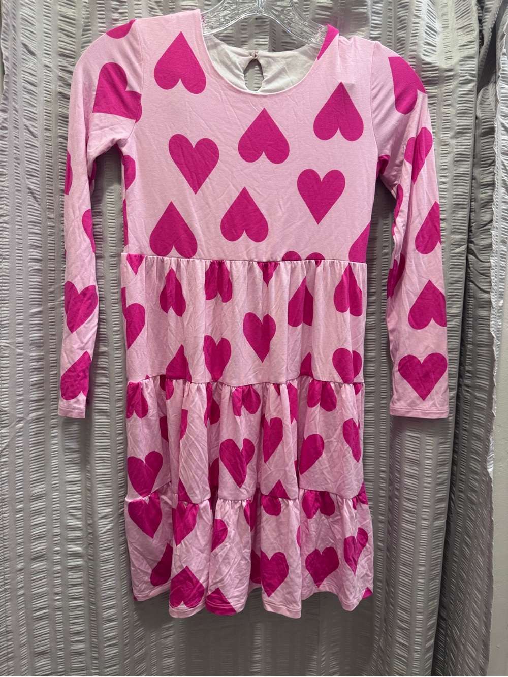 Bums and Roses Girls' Pink Heart Print Tiered Dress 9/10